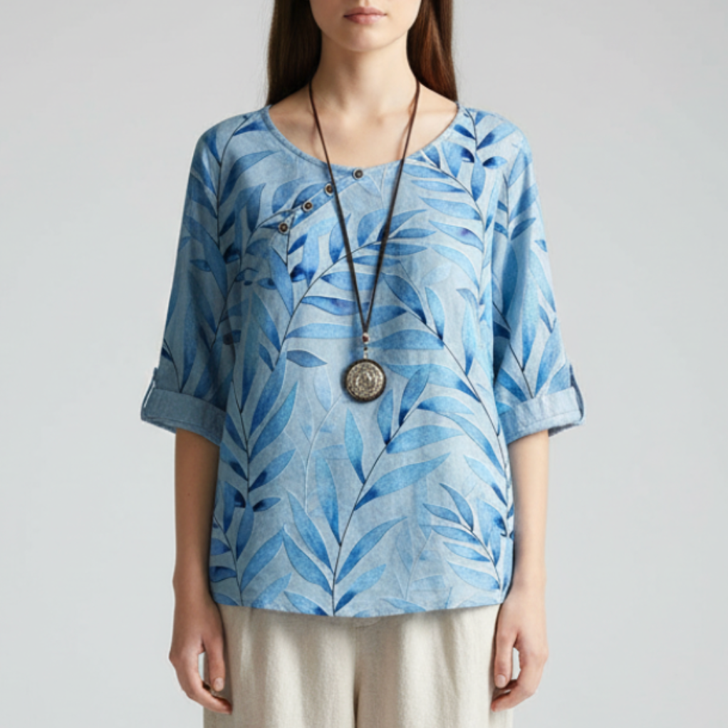 Marina | Women’s Casual Leaf Print Button Blouse with Airy Fit