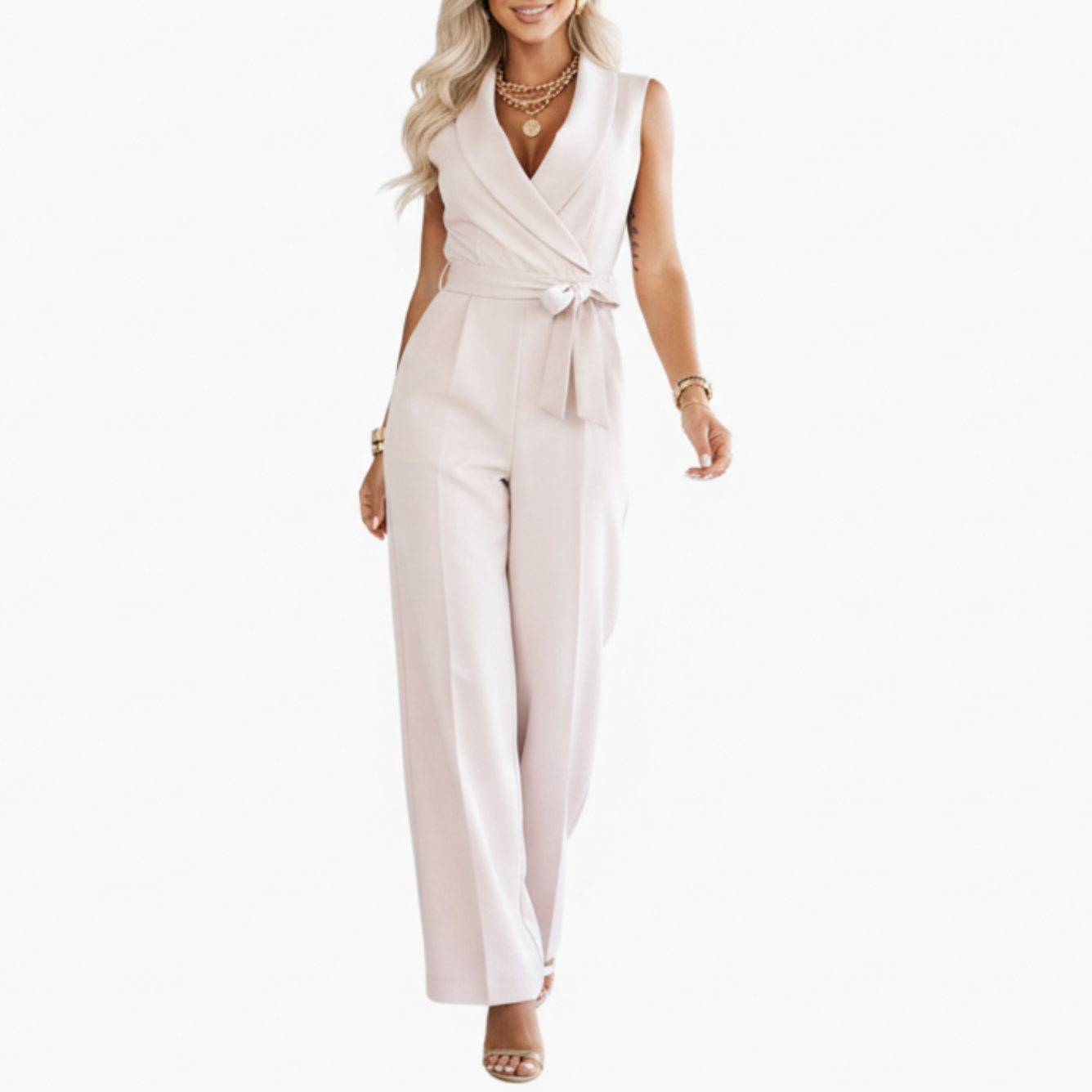 Kinsley | Women’s V-Neck Sleeveless Waist-Tie Wide-Leg Jumpsuit