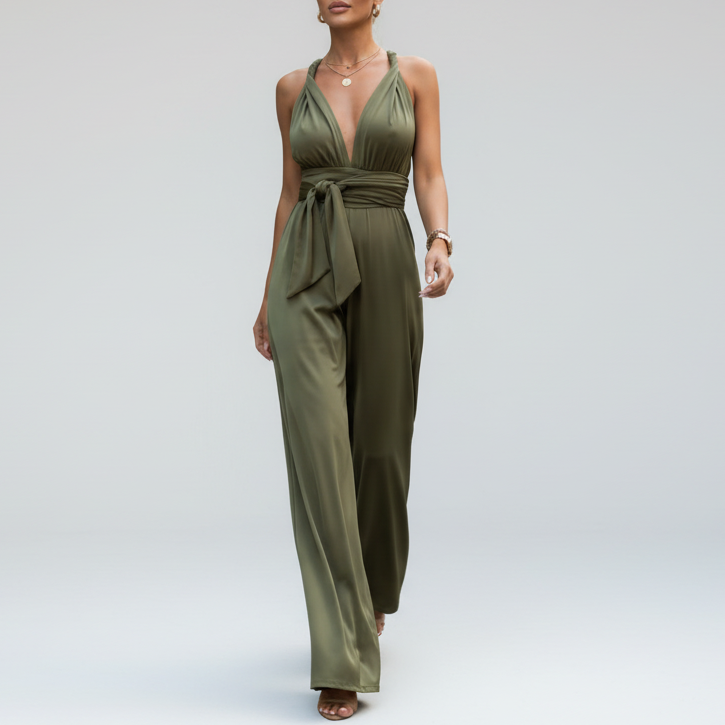 Eliana | Women’s Deep V-Neck Wrap Waist-Tie Wide-Leg Jumpsuit