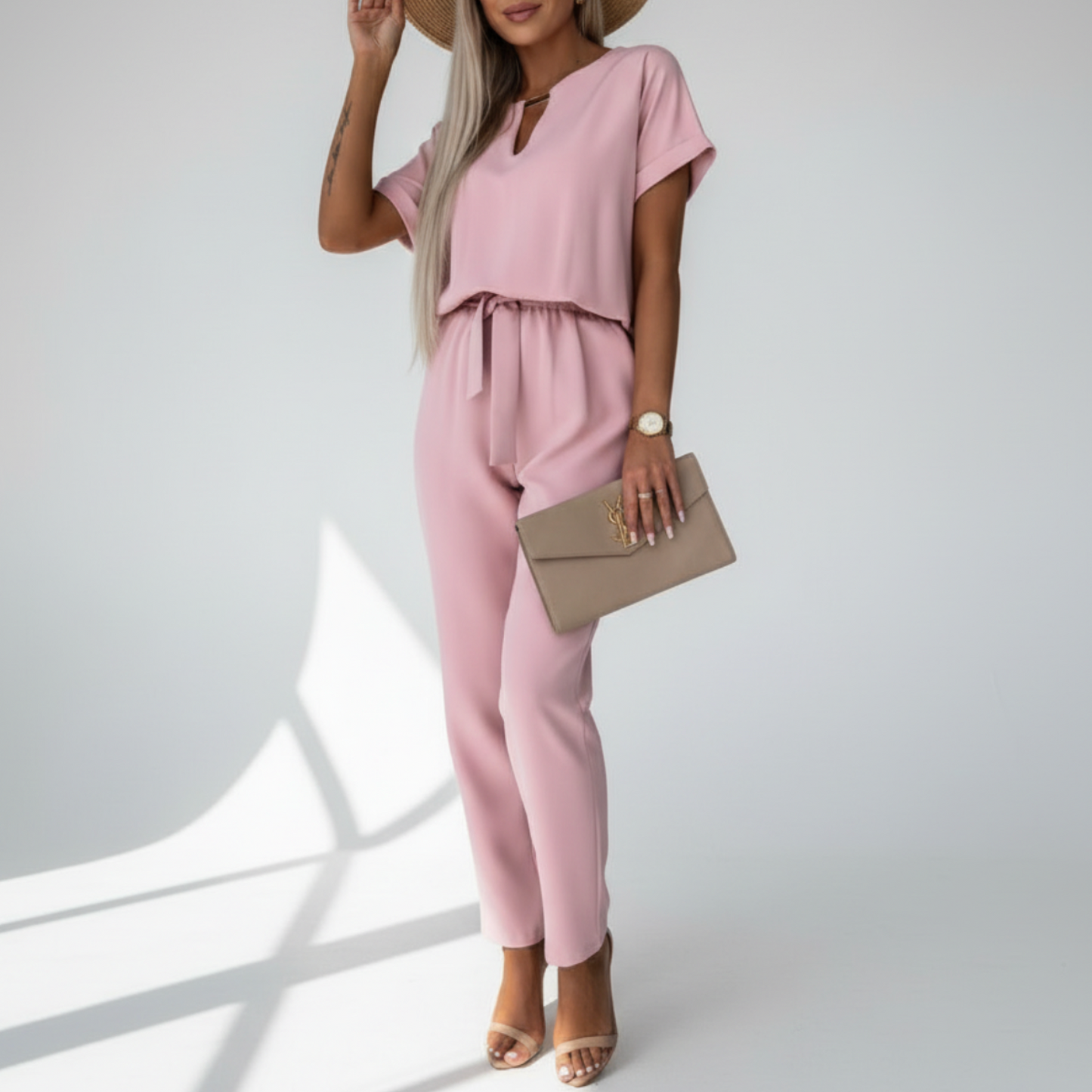 Caroline | Women’s Short Sleeve V-Neck Tie-Waist Tapered Leg Jumpsuit