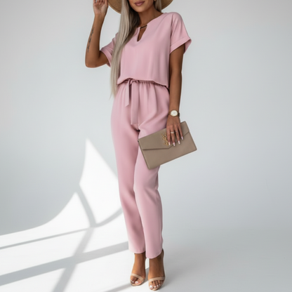 Caroline | Women’s Short Sleeve V-Neck Tie-Waist Tapered Leg Jumpsuit