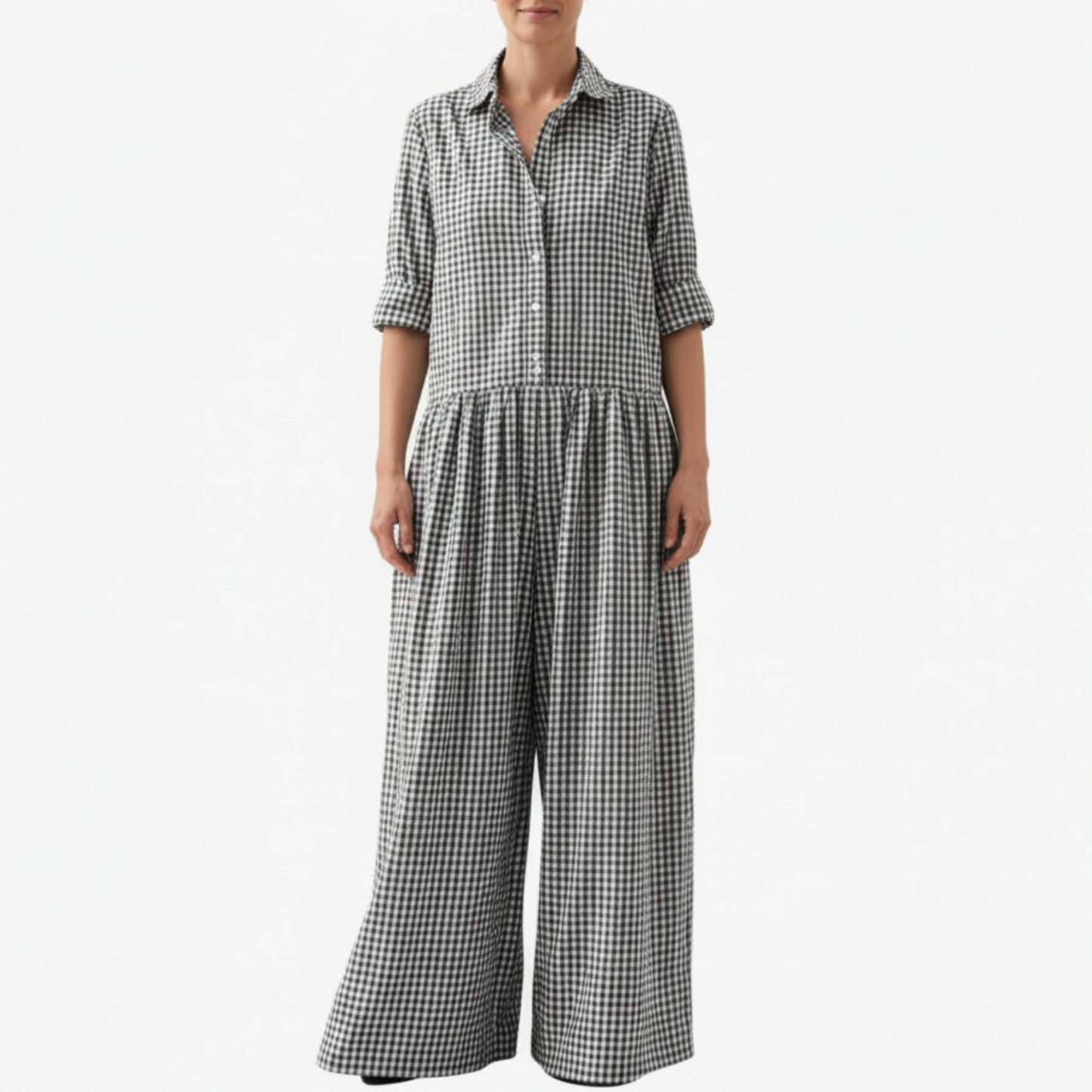 Meredith | Women’s Collared Short Sleeve Button Up Wide-Leg Jumpsuit