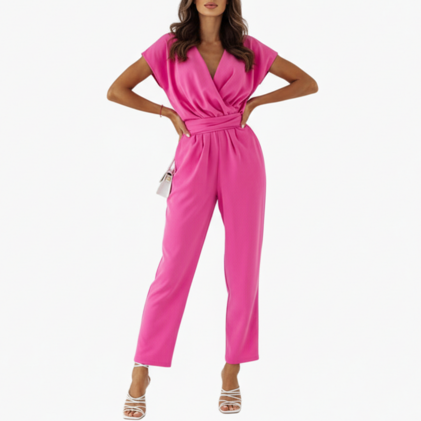 Phoebe | Women’s Short Sleeve Crossed V-Neck Tie-Waist Jumpsuit