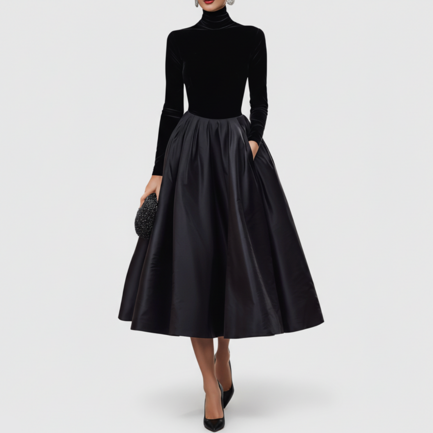 Emery | Women’s Elegant Black Turtleneck Midi Dress
