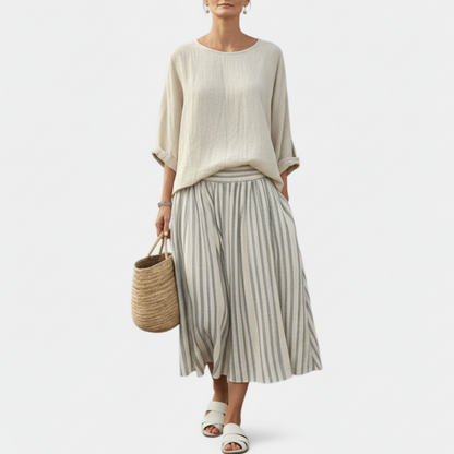 Shiloh | Women’s Comfortable Loose Blouse and Striped Midi Skirt Set