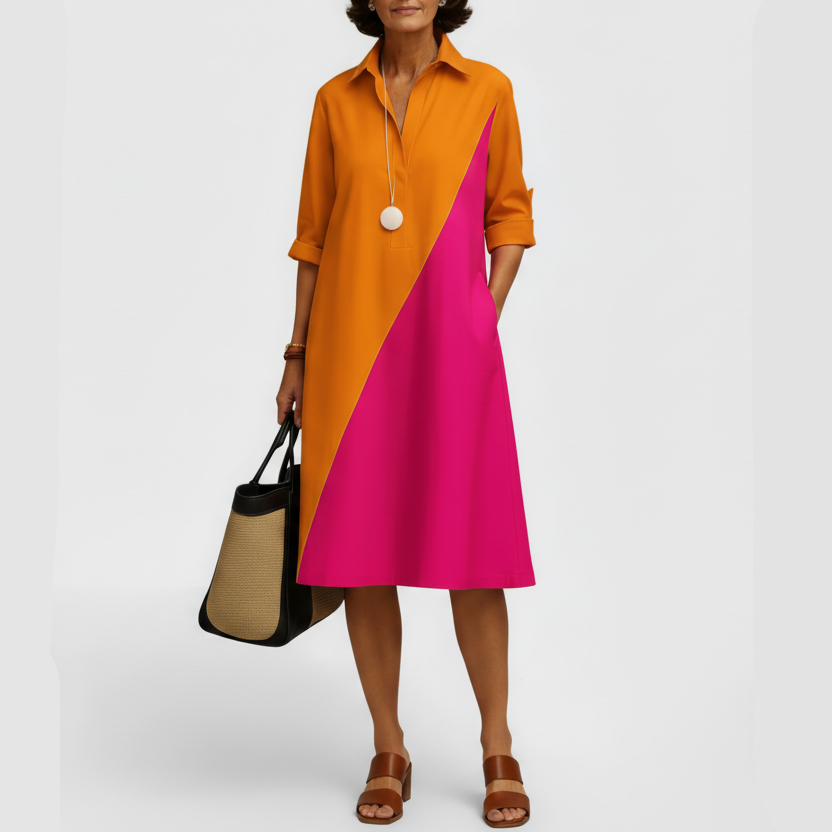 Mikaela | Women’s Elegant Colorblock Midi Shirt Dress