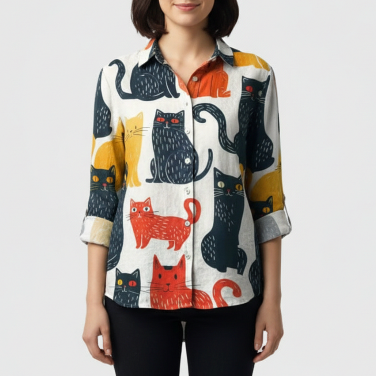 Kennedy | Women’s Cat Print Button Up Blouse