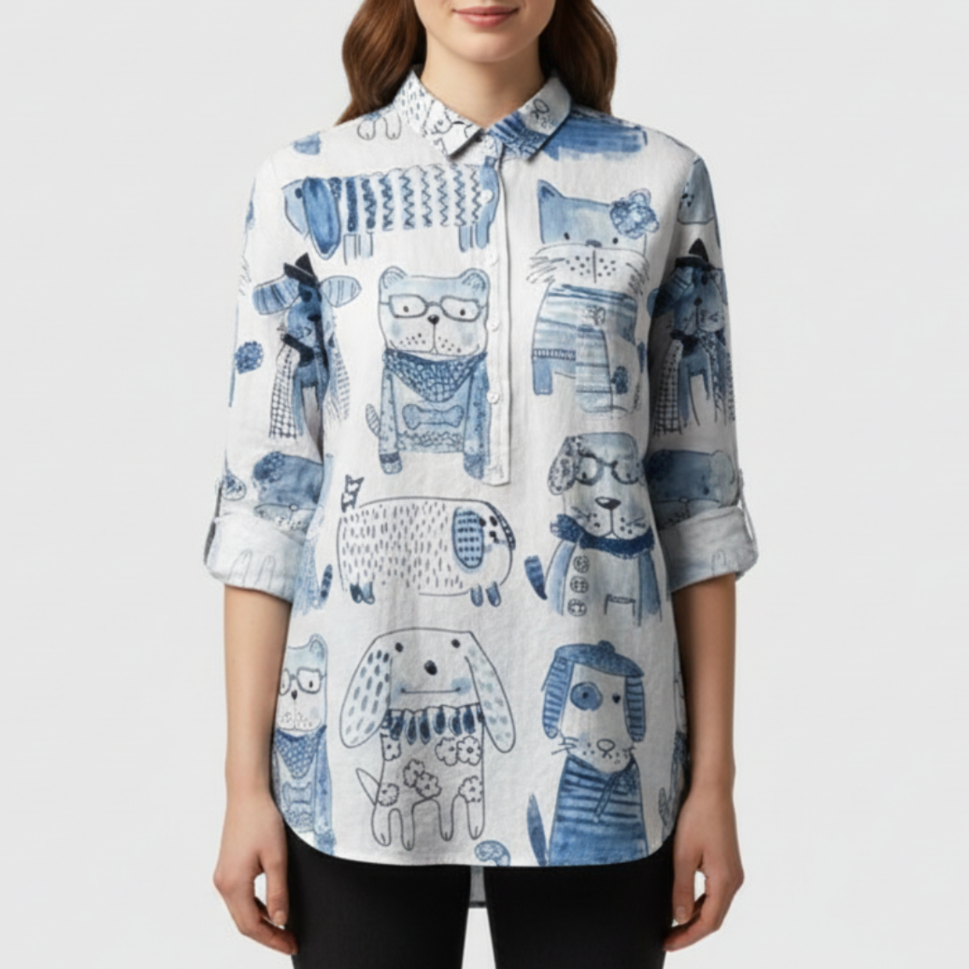 Piper | Women’s Cute Cat Print Button Up Blouse