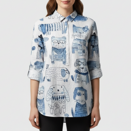 Piper | Women’s Cute Cat Print Button Up Blouse