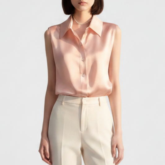 Evadne | Women’s Sophisticated Sleeveless Satin Button Up Blouse