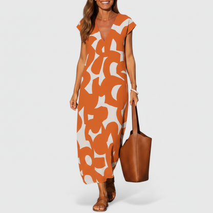 Isoldea | Women’s Printed Flowing V Neck Maxi Dress