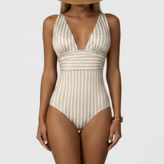Zivara | Women’s Striped V Neck One Piece Swimsuit