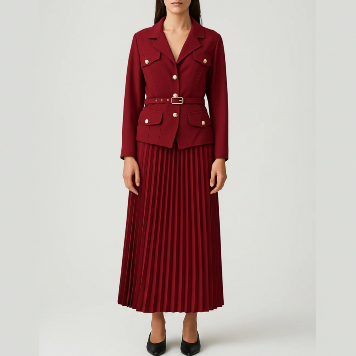 Ayna | Women’s Double Breasted Blazer Pleated Skirt Set