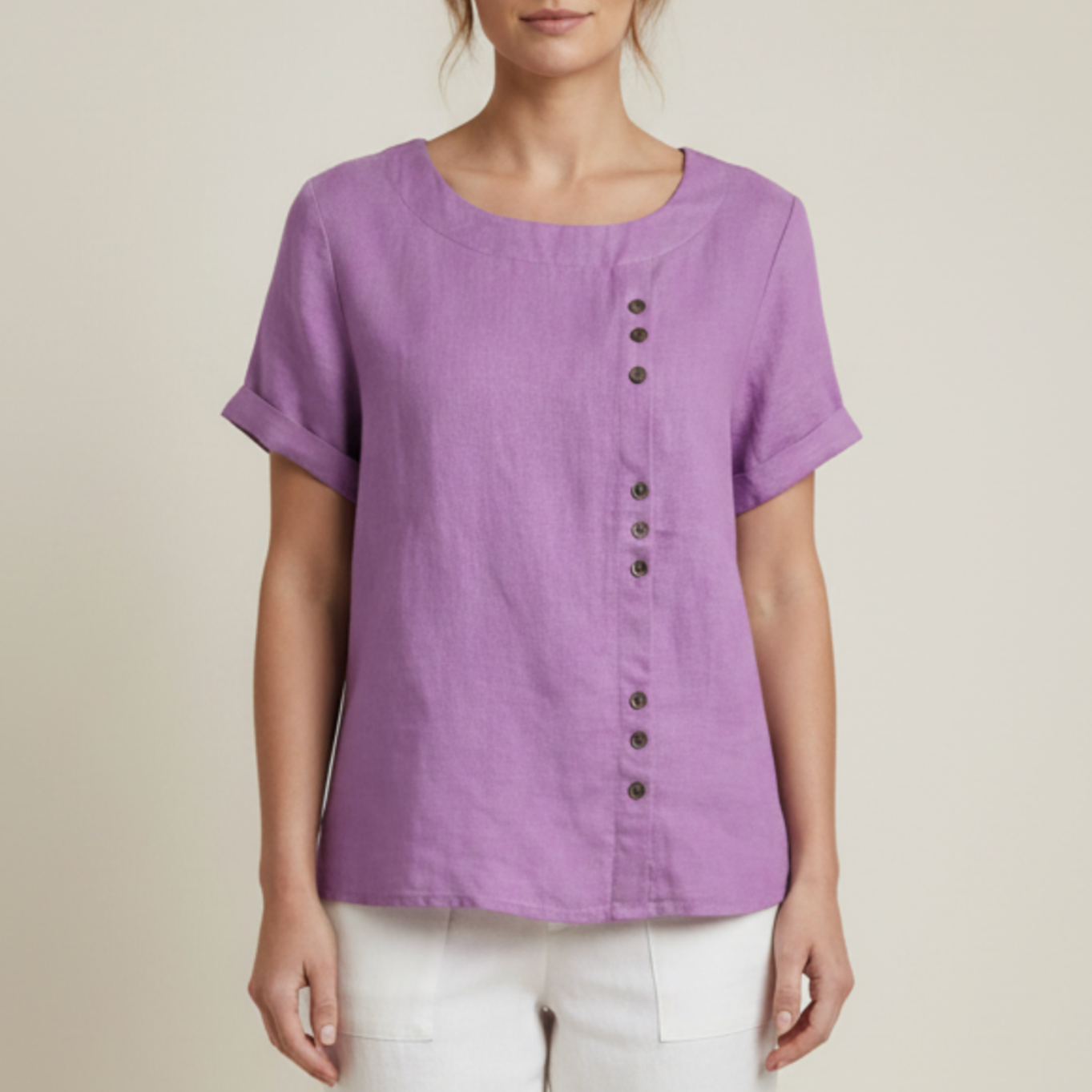 Anne | Women’s Linen Round Neck Button Blouse
