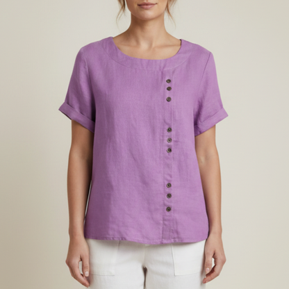 Anne | Women’s Linen Round Neck Button Blouse