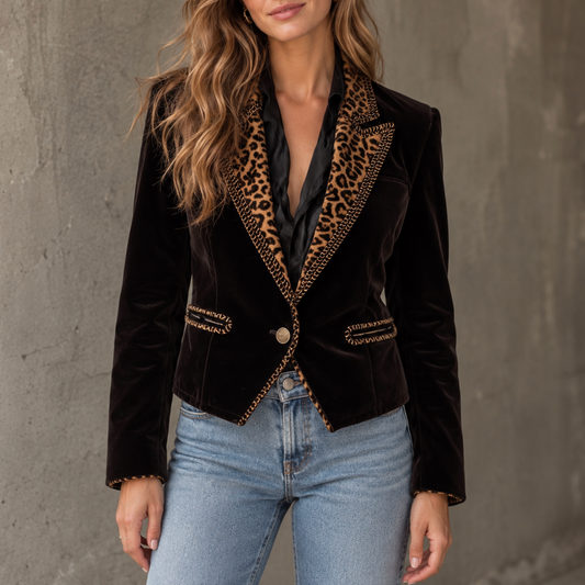 Monica | Women’s Leopard-Trim Velvet Blazer