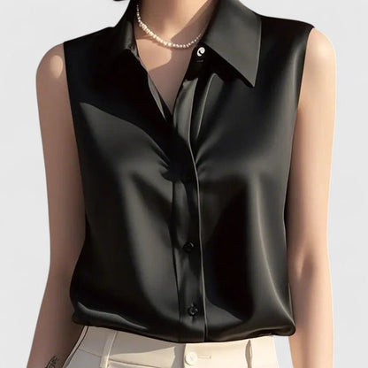 Evadne | Women’s Sophisticated Sleeveless Satin Button Up Blouse