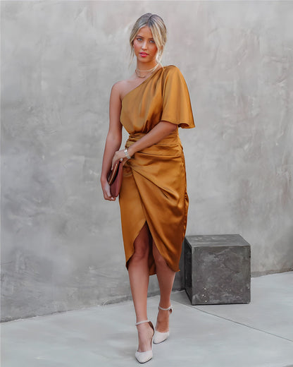 Brooke | Women’s Trendy One-Shoulder Wrap Midi Dress