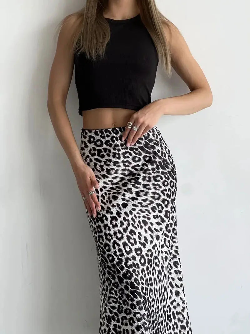 Megan | Women’s Silky Satin Leopard Midi Skirt
