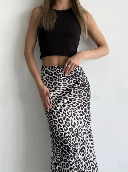 Megan | Women’s Silky Satin Leopard Midi Skirt