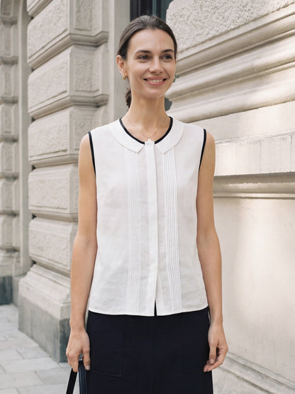 Noelle | Women’s Linen-Lyocell Contrast Trim Pleated Sleeveless Top