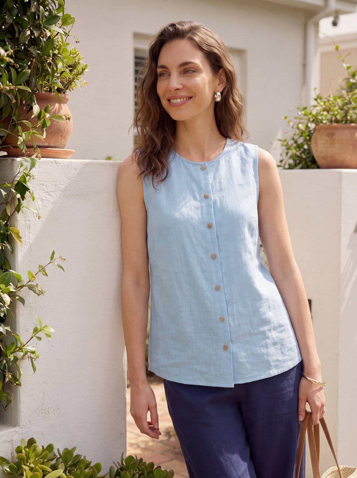 Delia | Women’s Linen Button-Down Sleeveless Blouse
