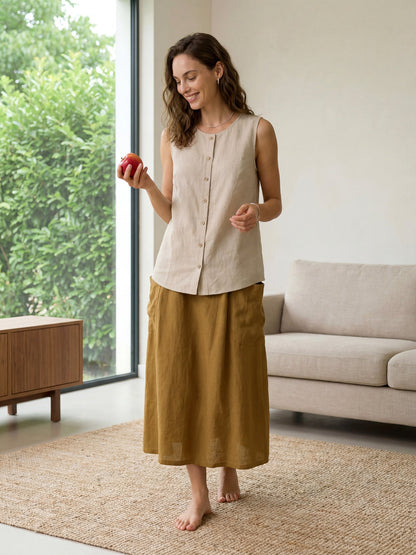 Delia | Women’s Linen Button-Down Sleeveless Blouse