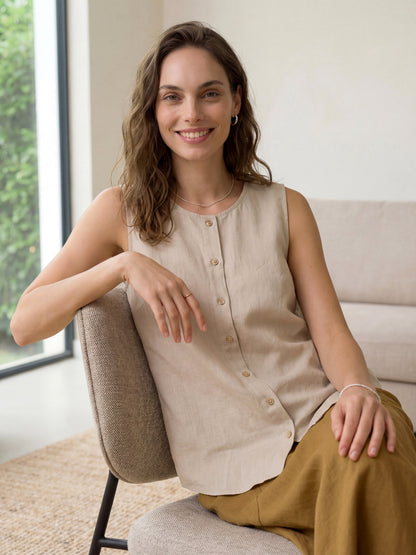 Delia | Women’s Linen Button-Down Sleeveless Blouse