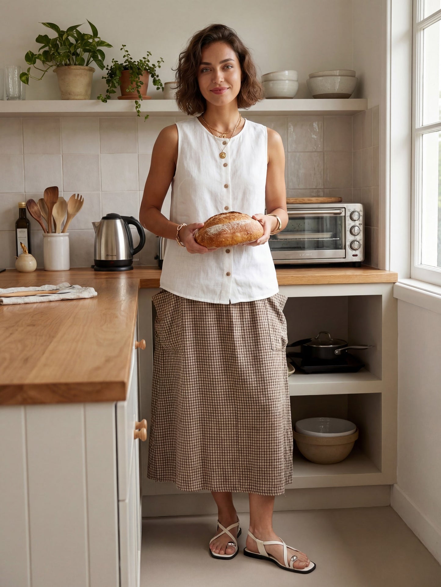 Parker | Women’s Linen Checked Elastic Waist Midi Skirt