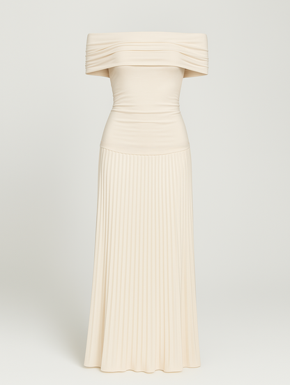 Odette | Women’s Pleated Off-Shoulder Maxi Dress for Wedding Guests
