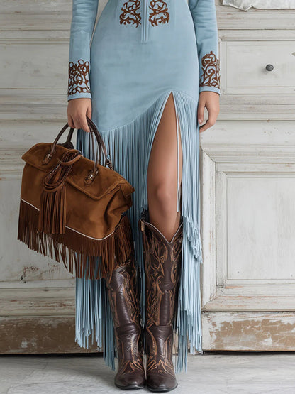 Talia | Women’s Long Sleeve Fringe Maxi Dress