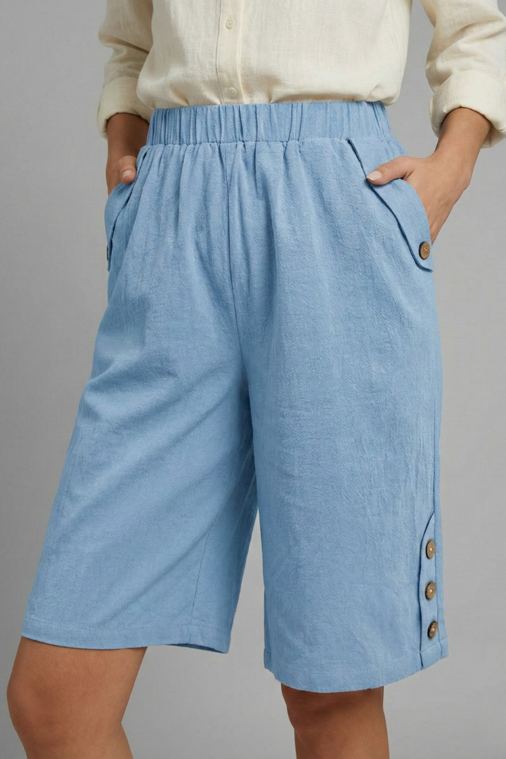Mallory | Women’s Elastic Waist Wide Leg Button Detail Shorts
