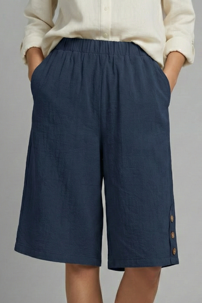 Mallory | Women’s Elastic Waist Wide Leg Button Detail Shorts