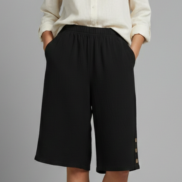 Mallory | Women’s Elastic Waist Wide Leg Button Detail Shorts