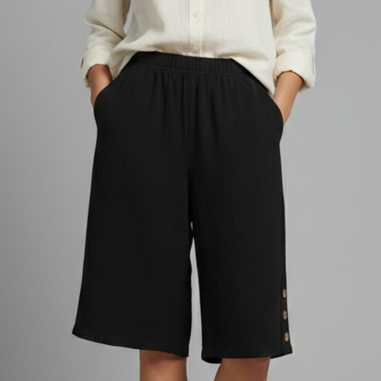 Mallory | Women’s Elastic Waist Wide Leg Button Detail Shorts