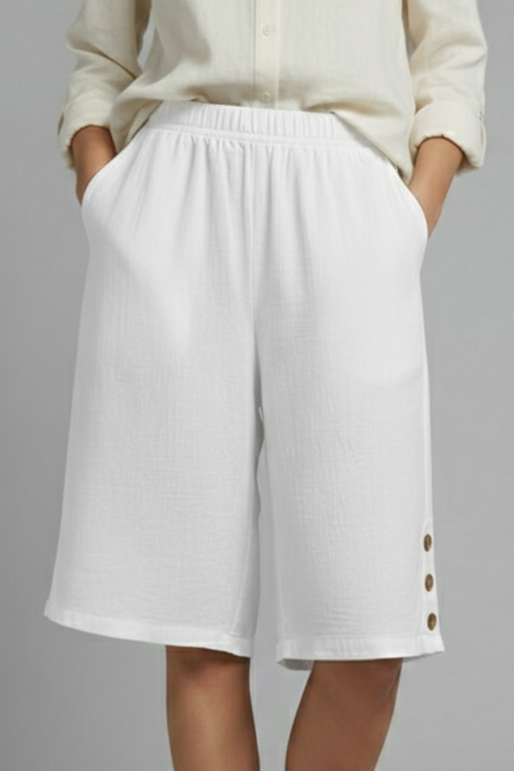 Mallory | Women’s Elastic Waist Wide Leg Button Detail Shorts