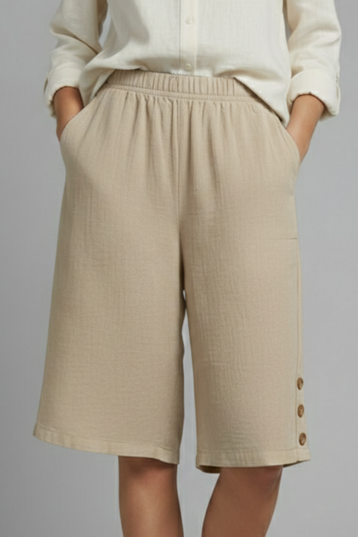 Mallory | Women’s Elastic Waist Wide Leg Button Detail Shorts