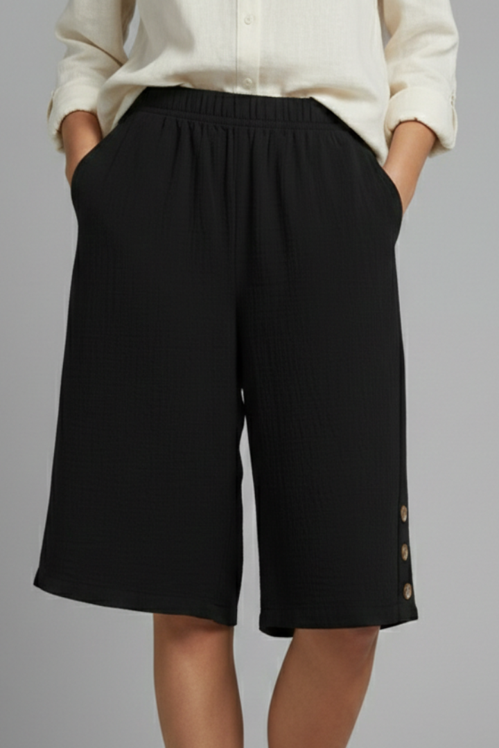 Mallory | Women’s Elastic Waist Wide Leg Button Detail Shorts