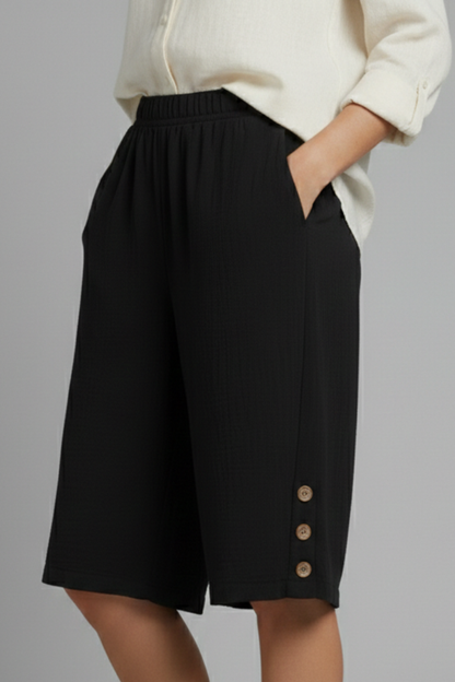Mallory | Women’s Elastic Waist Wide Leg Button Detail Shorts
