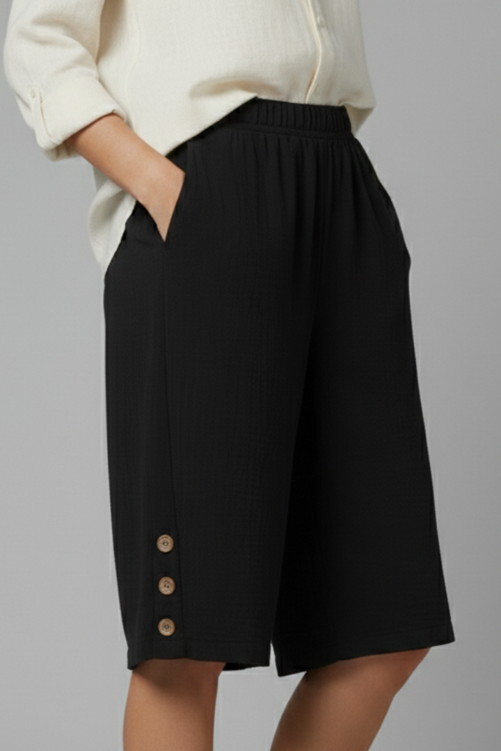 Mallory | Women’s Elastic Waist Wide Leg Button Detail Shorts