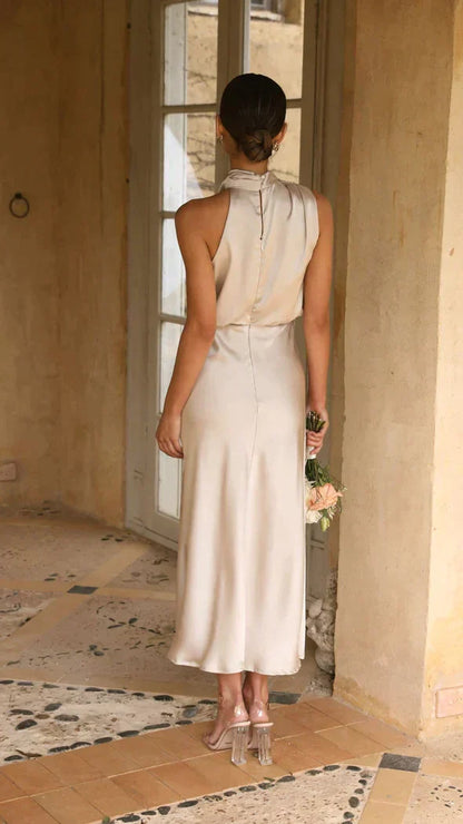 Isadora | Women’s Elegant Halter Midi Dress with Draped Neckline