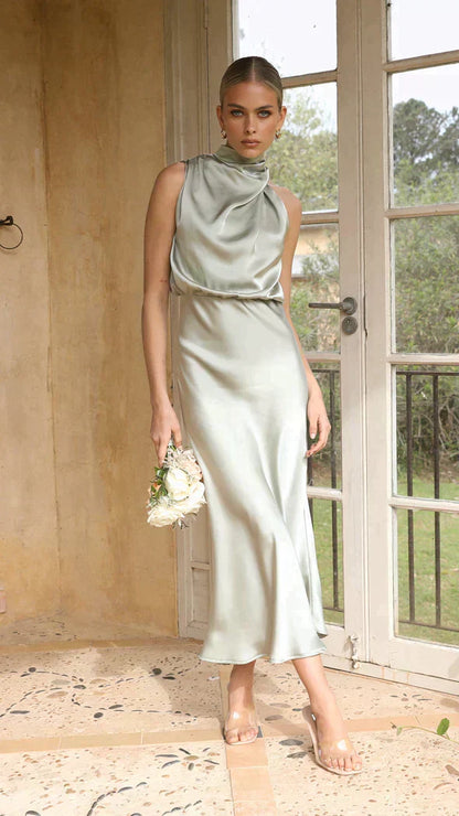 Isadora | Women’s Elegant Halter Midi Dress with Draped Neckline