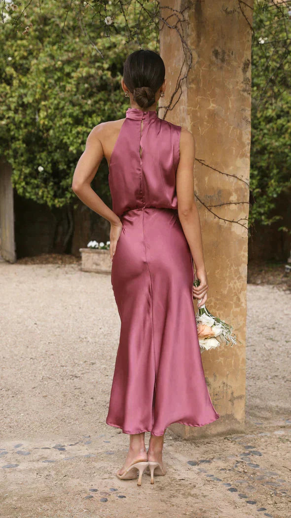 Isadora | Women’s Elegant Halter Midi Dress with Draped Neckline