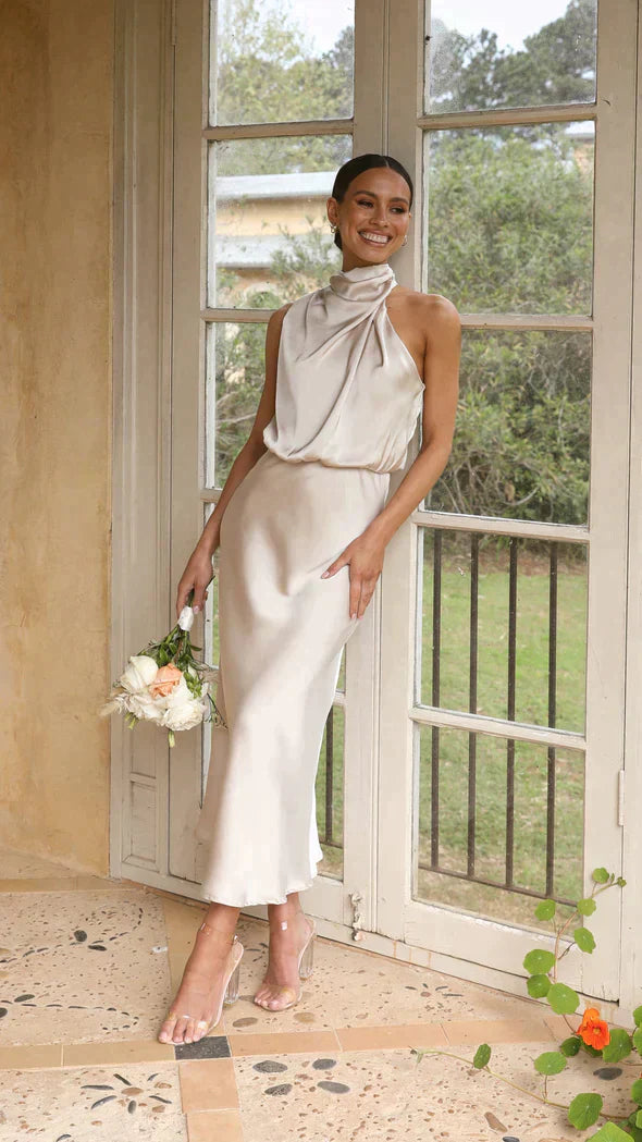 Isadora | Women’s Elegant Halter Midi Dress with Draped Neckline