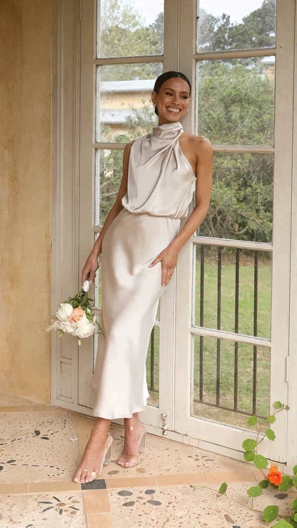 Isadora | Women’s Elegant Halter Midi Dress with Draped Neckline