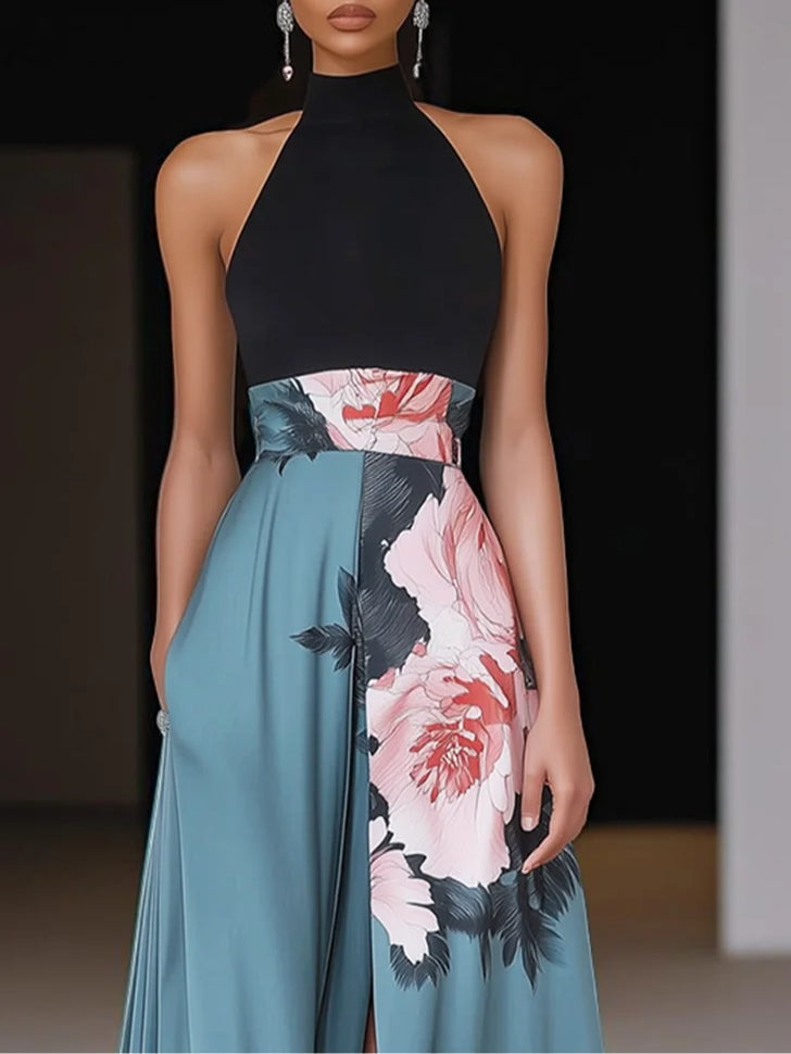 Amalthea | Women’s Floral Halter Neck Sleeveless Maxi Dress