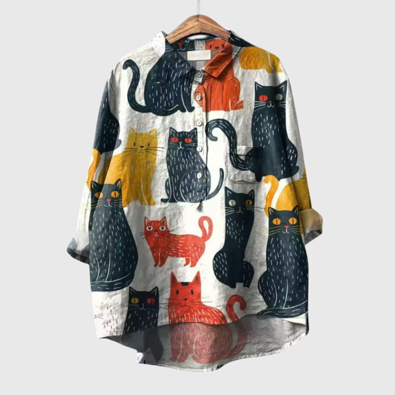 Kennedy | Women’s Cat Print Button Up Blouse