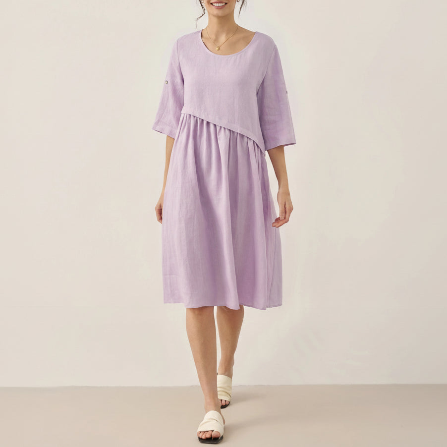 Marcellina | Women’s Linen Asymmetrical Pleated Round Neck Midi Dress