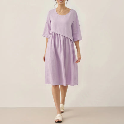 Marcellina | Women’s Linen Asymmetrical Pleated Round Neck Midi Dress