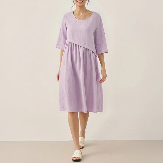 Marcellina | Women’s Linen Asymmetrical Pleated Round Neck Midi Dress